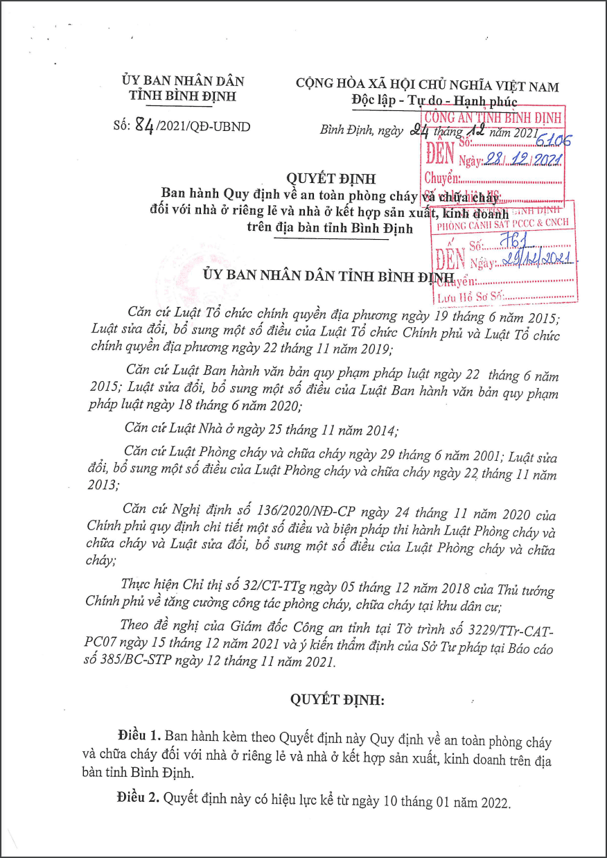 PCCC tỉnh Bình Định: Quyết định 84/2021/QĐ-UBND ngày 24 tháng 12 năm 2021