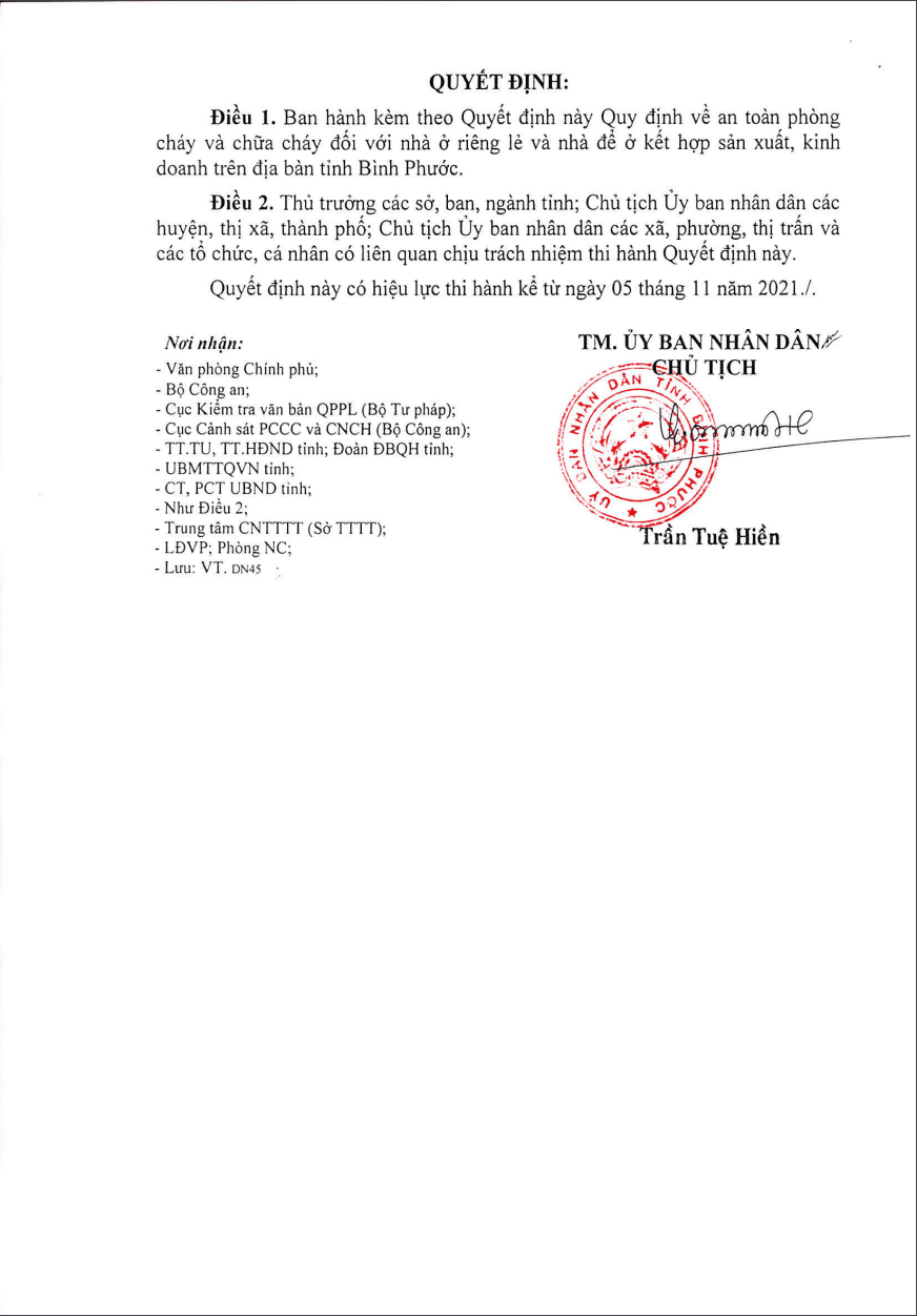 PCCC tỉnh Bình Phước: Quy định số 42/2021//QĐ-UBND tỉnh Bình Phước, ngày 22/10/2021