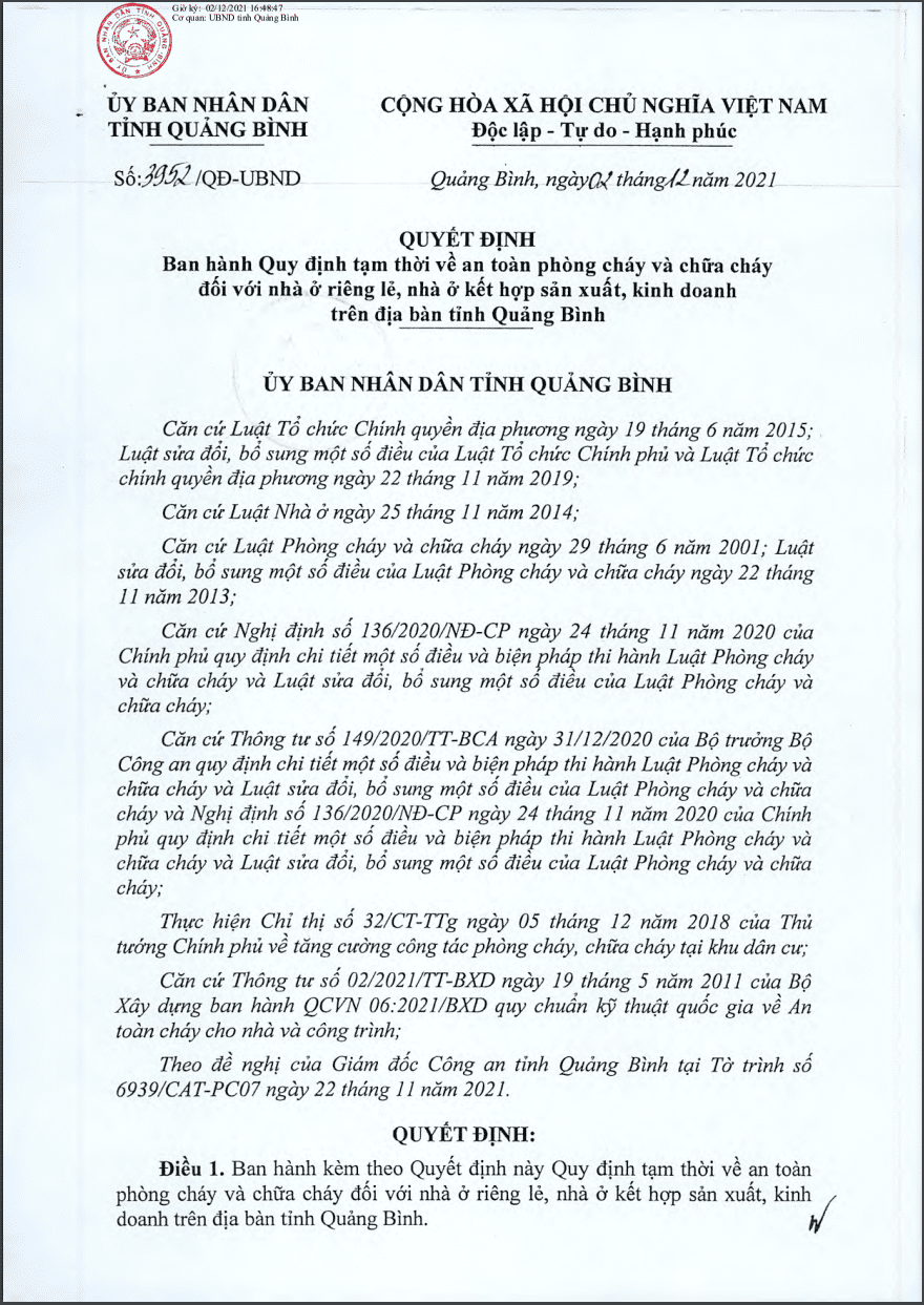 PCCC tỉnh Quảng Bình: Quyết định số: 3952/QĐ-UBND tỉnh Quảng Bình, ngày 02/12/2021.