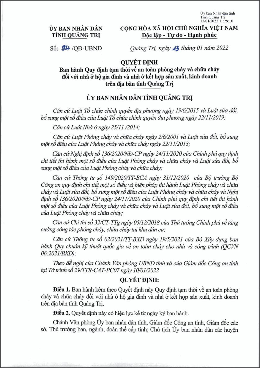 PCCC tỉnh Quảng Trị: Quyết định số: 94/QĐ-UBND tỉnh Quảng Trị, ngày 13/01/2022.