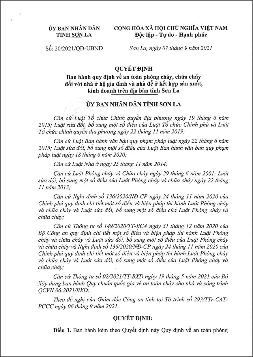 PCCC tỉnh Sơn La: Quyết định số: 20/2021/QĐ-UBND tỉnh Sơn La, ngày 07/09/2021.