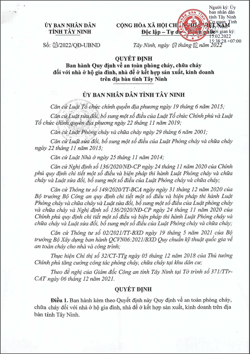 PCCC tỉnh Tây Ninh: Quyết định số: 03/2022/QĐ-UBND tỉnh Tây Ninh, ngày 07/02/2022.