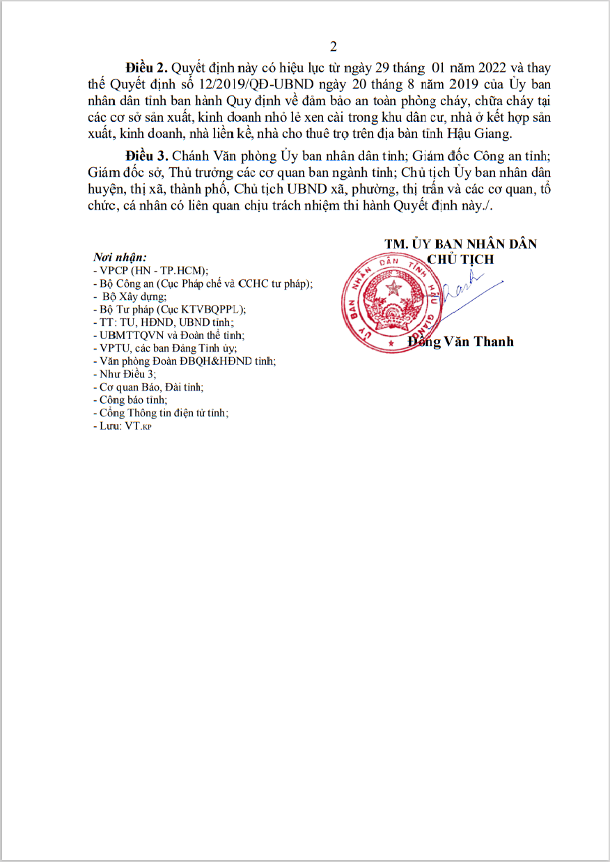 PCCC tỉnh Hậu Giang: Quy định số 03/2022/QĐ-UBND tỉnh Hậu Giang, ngày 19/01/2022