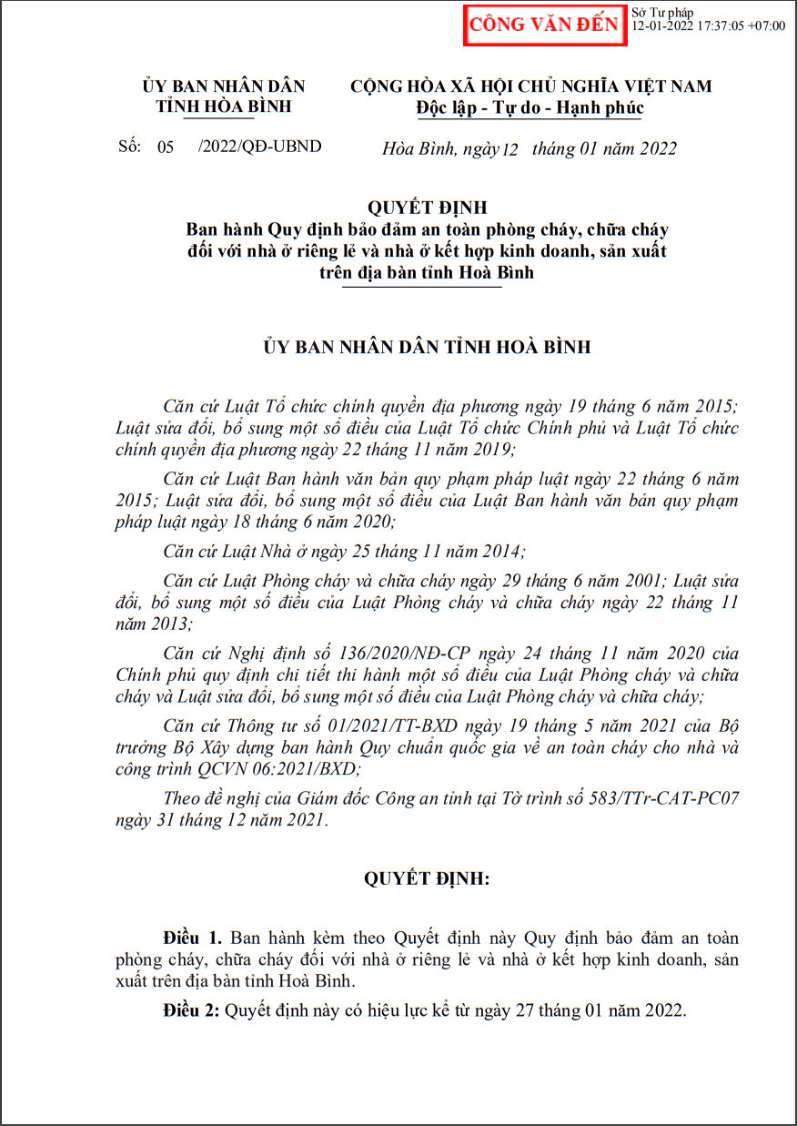 PCCC tỉnh Hoà Bình: Quy định số 05/2022/QĐ-UBND tỉnh Hoà Bình, ngày 12/01/2022