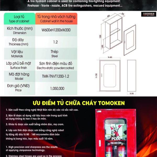Bộ cân bằng áp lực tạo foam 4 Tủ chữa cháy trong nhà vách tường Tomoken TMK-TNVT1200-1.2