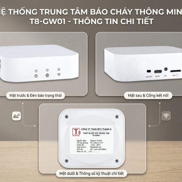 Thiết bị trung tâm báo cháy không dây T8-GW01 Tháng 8 – mặt trước có đèn trạng thái, mặt sau có cổng kết nối và nhãn thông số