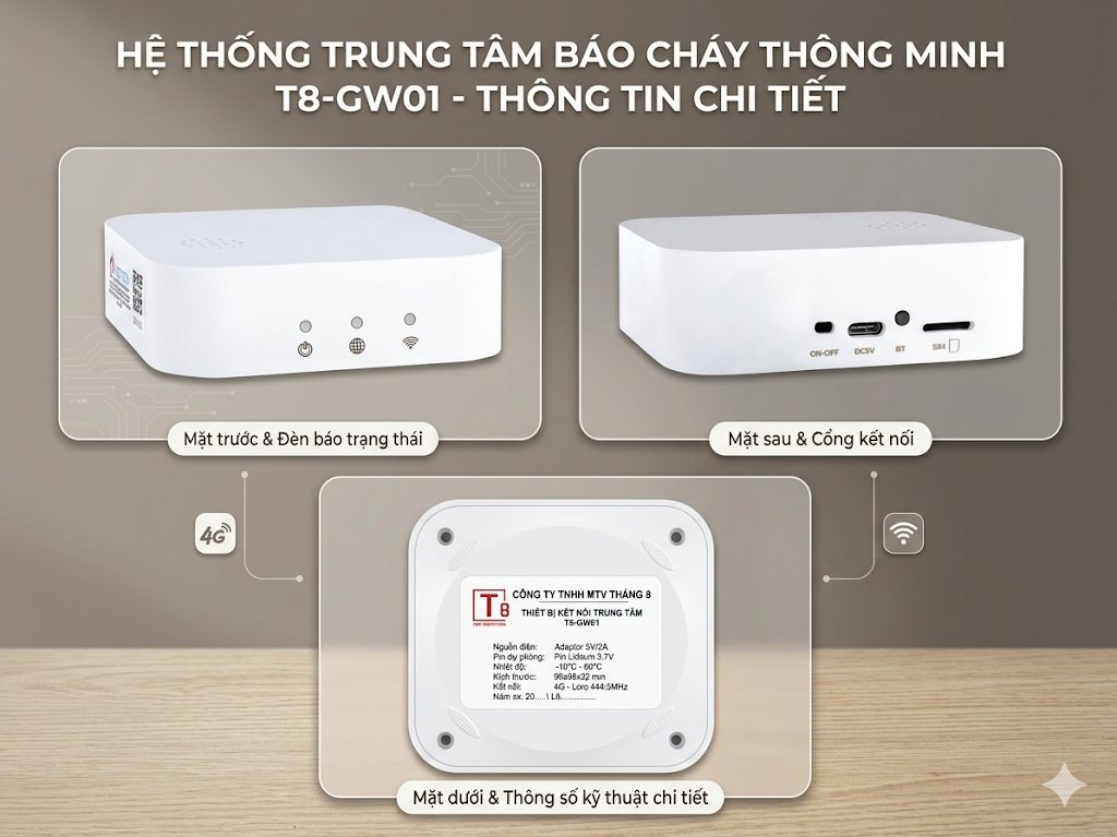 Thiết bị trung tâm báo cháy không dây T8-GW01 Tháng 8 – 4G/LTE 1 Thiết bị trung tâm báo cháy không dây T8-GW01 Tháng 8 – mặt trước có đèn trạng thái, mặt sau có cổng kết nối và nhãn thông số