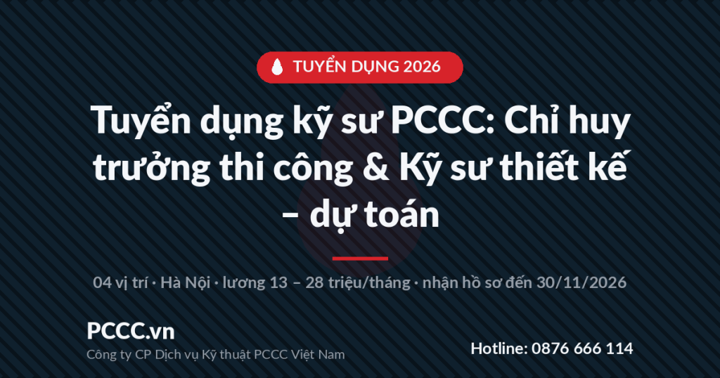 Tuyển dụng kỹ sư PCCC 2026: Chỉ huy trưởng thi công & Kỹ sư thiết kế – dự toán Tuyển dụng kỹ sư PCCC 2026: Chỉ huy trưởng thi công & Kỹ sư thiết kế – dự toán